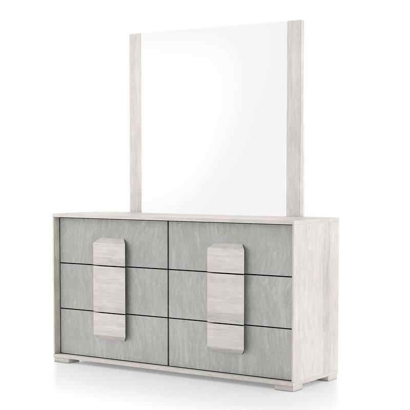 Furniture of America Jonnick Contemporary Washed White and Stone Grey Melamine Top 2-Piece 6-Drawer Dresser and Mirror Set