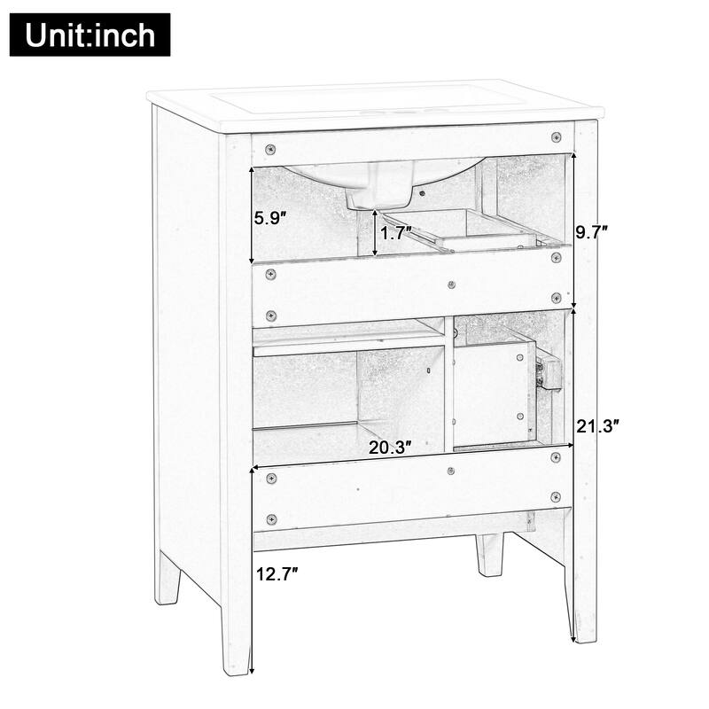 24" Bathroom Vanity with Sink, Adjustable Shelf, Storage Drawers with Removable Dividers, MDF and Rubberwood Base