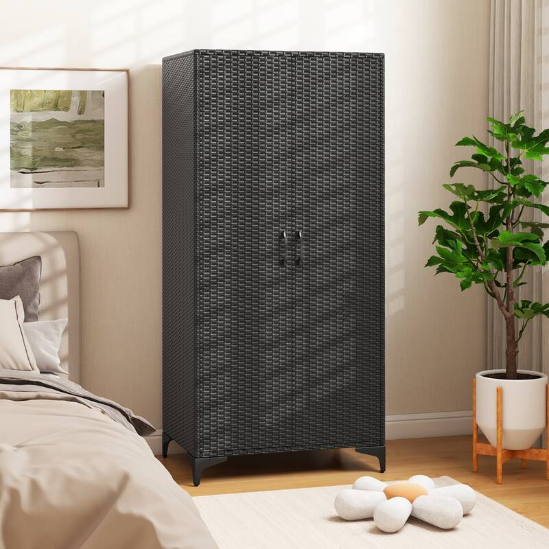 Gymax 62'' Wicker Wardrobe w/ 2 Doors Hanging Rod & 4 Storage Cubes