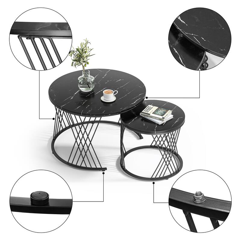 Anmytek Round Nesting Coffee Table Set of 2, White Modern End Tables Living Room Faux Marble Sofa Beside Table