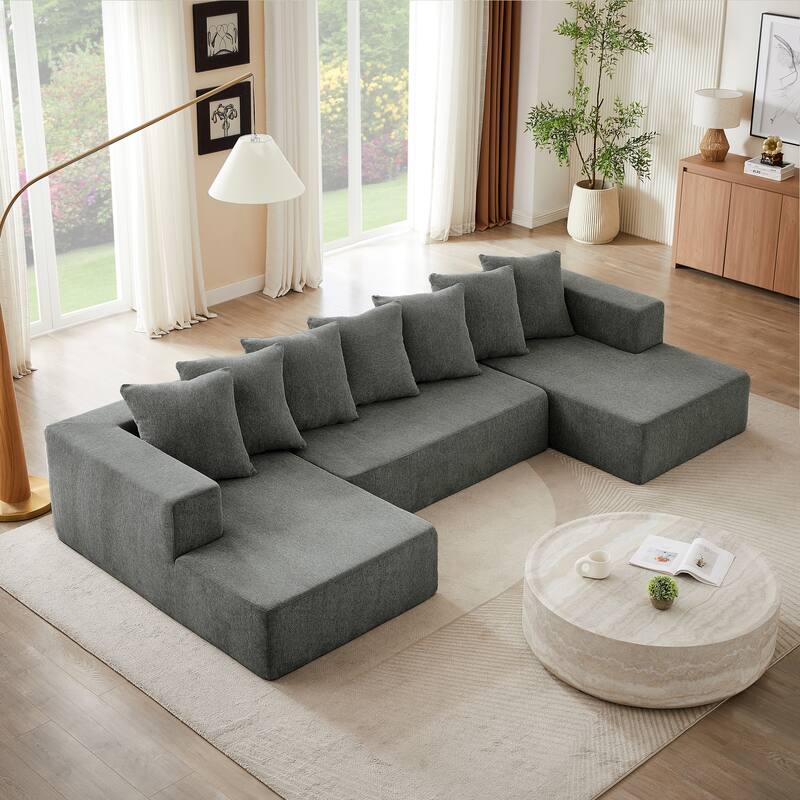 Grey Chenille U-Shaped Sectional Sofa Set, Cloud Couch for Living Room