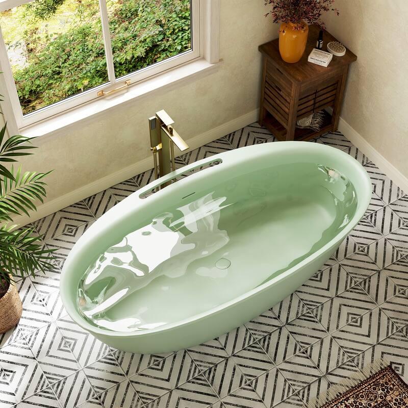 Luxury Flatbottom Solid Surface Freestanding Soaking Bathtub with Discreet Towel Slot and Drain Assembly