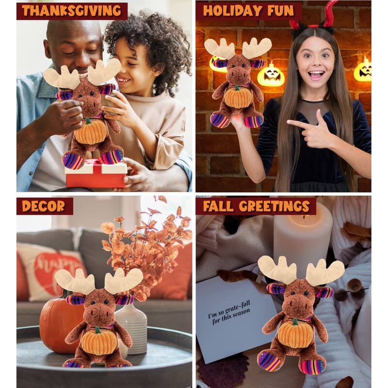 DolliBu Sitting Brown Moose Stuffed Animal with Pumpkin Decor - 11 inches