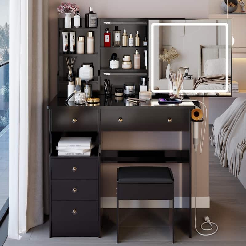 37" Middle Size Left Drawer Desktop Vanity Table + Cushioned Stool Dresser Set, Large Touch Control LED Sliding Mirror - Black