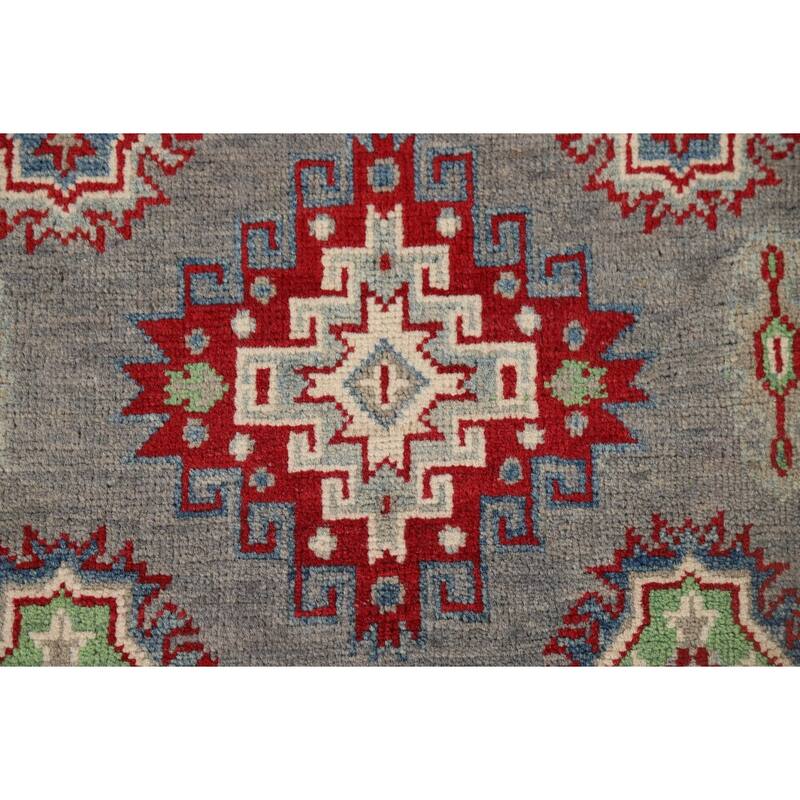 Gray Geometric Kazak Runner Rug Handmade Wool Carpet - 2'9" x 9'7"