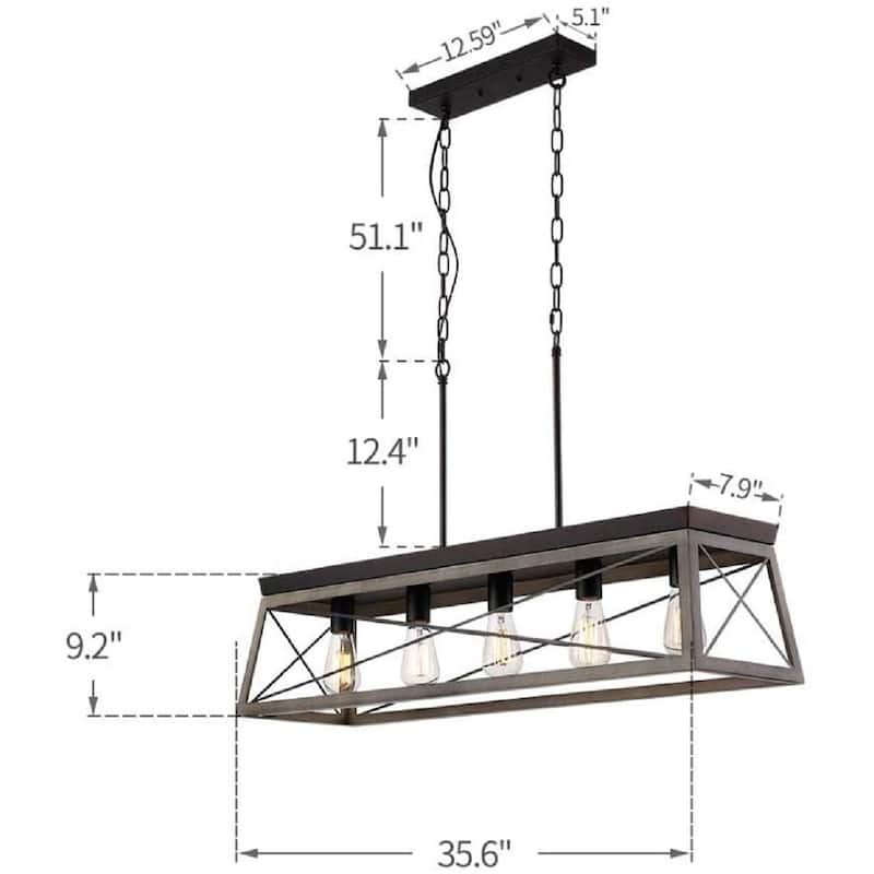 5-Light Antique Bronze Linear Kitchen Light Farmhouse Chandelier with Wood Open Frame - Brown