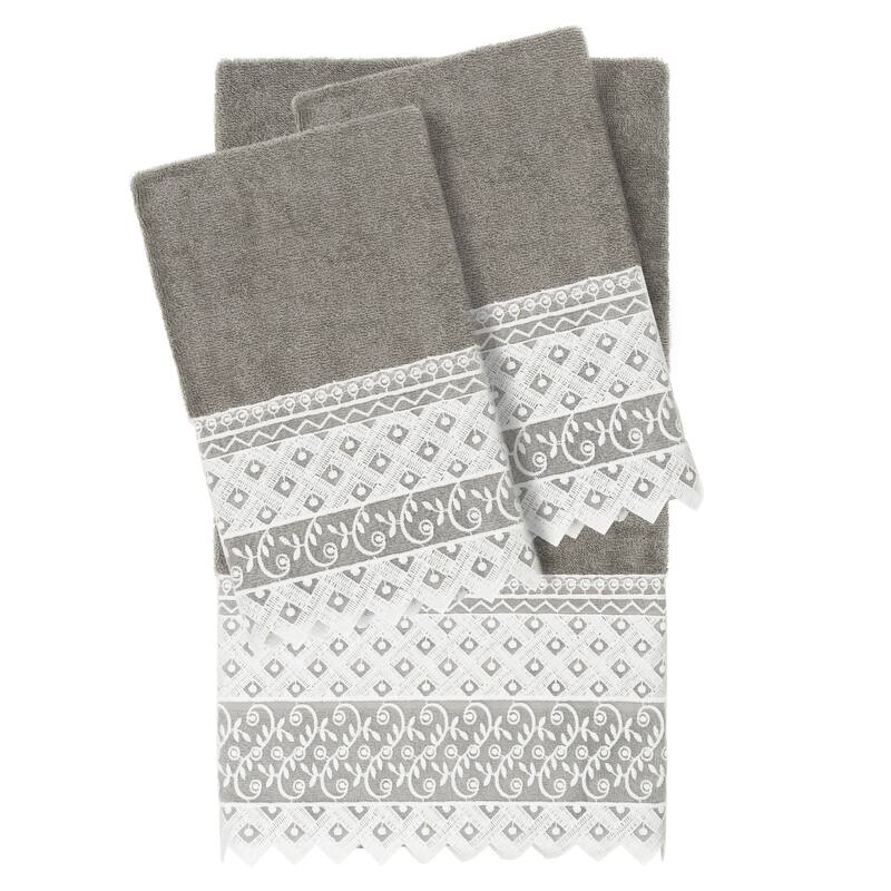 Authentic Hotel and Spa 100% Turkish Cotton Aiden 3PC White Lace Embellished Towel Set - Dark Gray