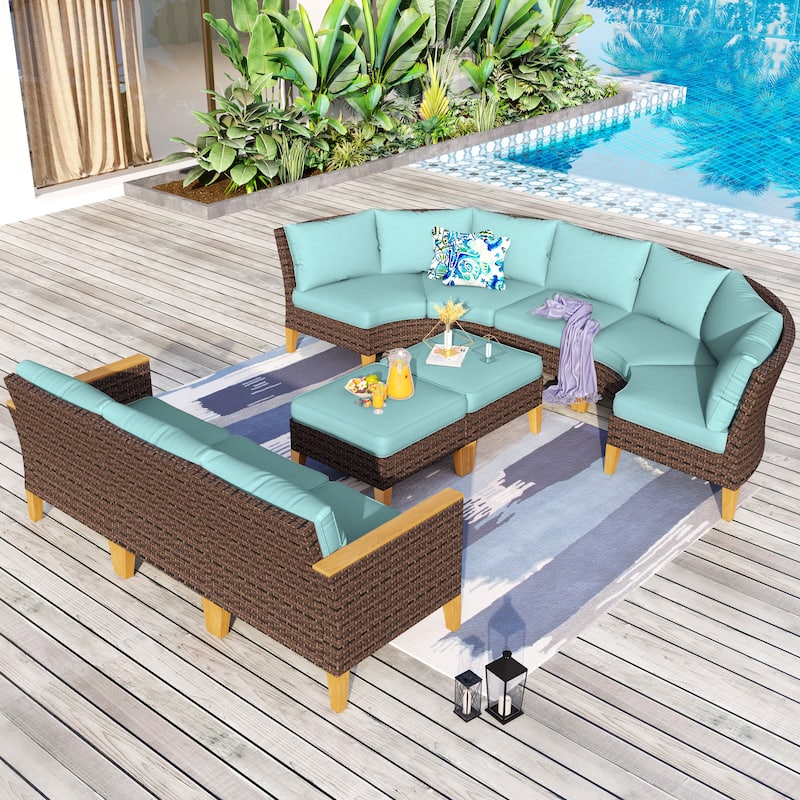 12-Seat Outdoor Wicker Half-Round Furniture Set, Half-Moon Sectional Sofa All Weather Curved Conversation Set - 10-Seat - Type A