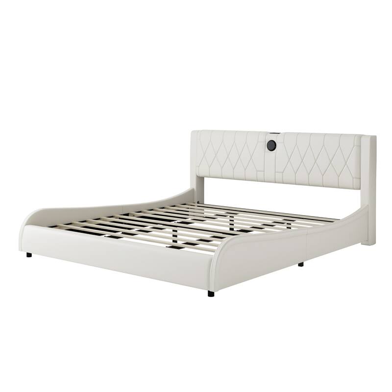 Luxurious Faux Leather Upholstered Platform Bed with Thickened Headboard, tooth Speakers and RGB LED Light