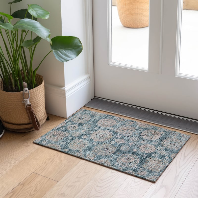 Machine Washable Indoor/ Outdoor Chantille Persian Vintage Rug - Teal - 1'8" x 2'6"