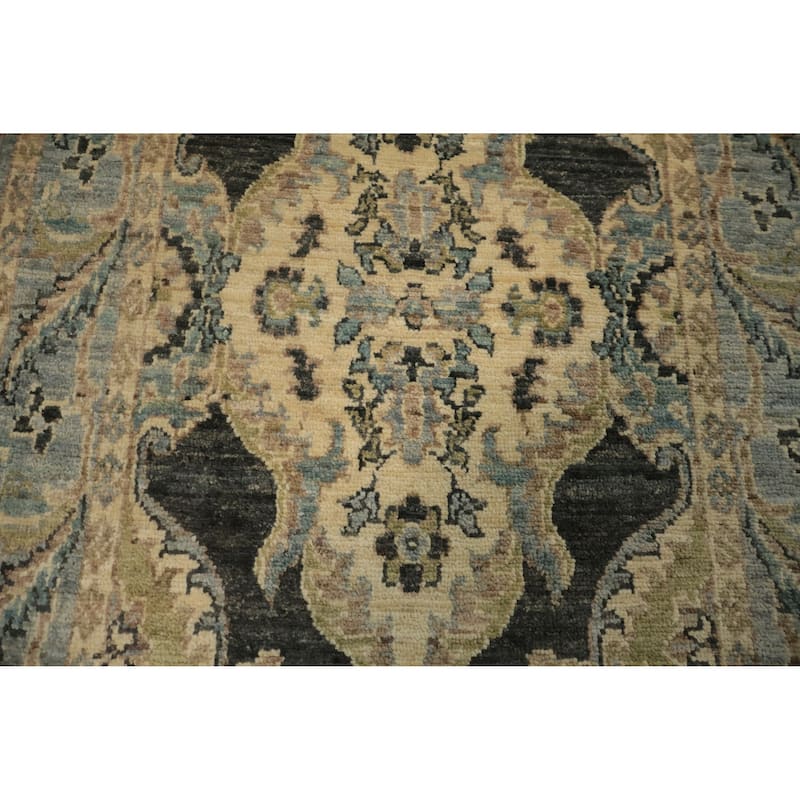 Hand Knotted Oriental 100% Wool Carpet Transitional Floral Greys & Charcoal Oushak Runner Rug - 9' 5'' X 2' 6''