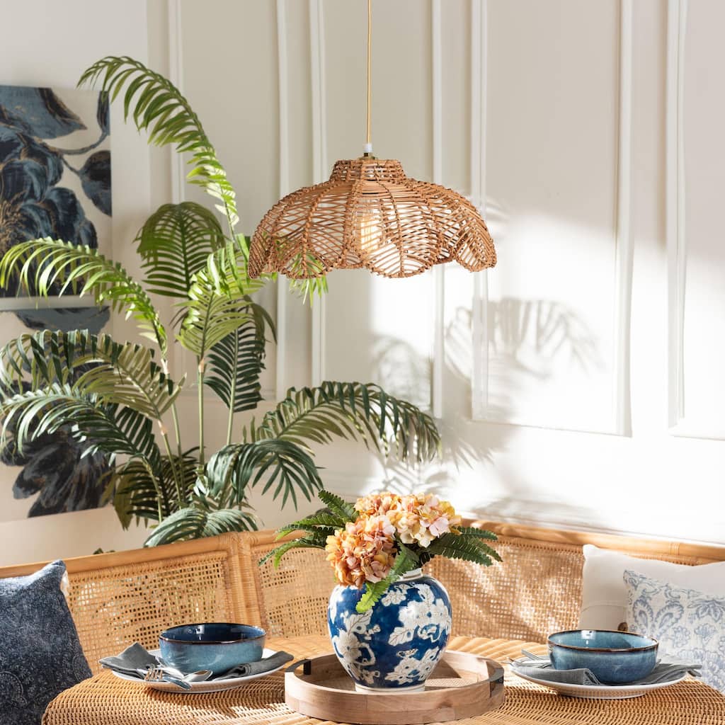 Neorah Natural Rattan Pendant Lampshade - Coastal Boho Ceiling Light Cover with Handcrafted Petal Shape