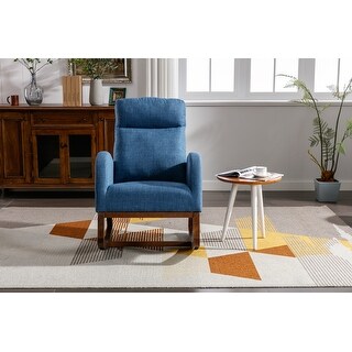 Solid Wood Rocking Chair Blue Linen Armchair High Back Accent Chair ...