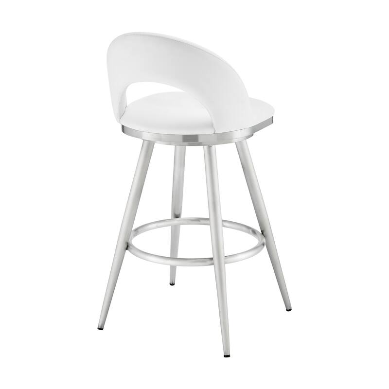Visy 30 Inch Swivel Barstool Chair, Round Open Back, White Faux Leather