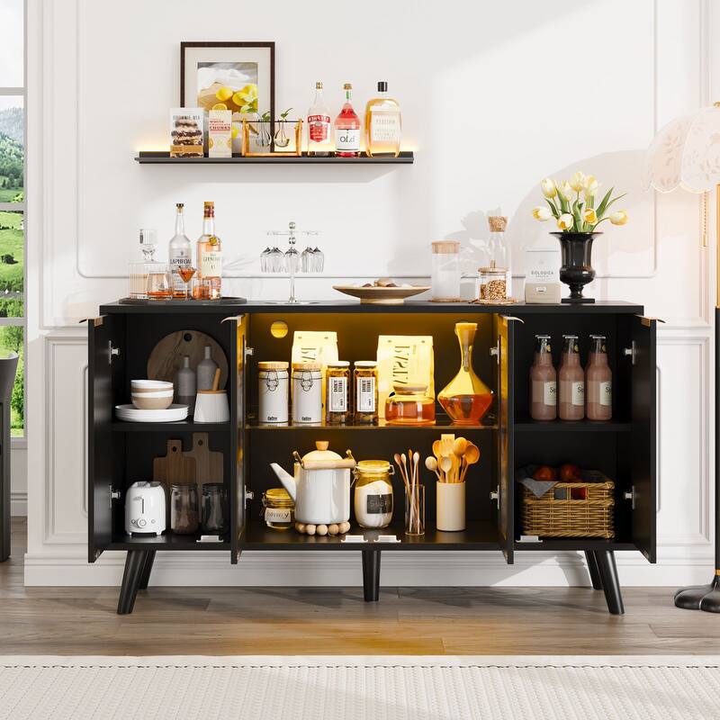 Meyreso Kitchen Sideboard Storage Cabinet with LED Light, 4 Doors