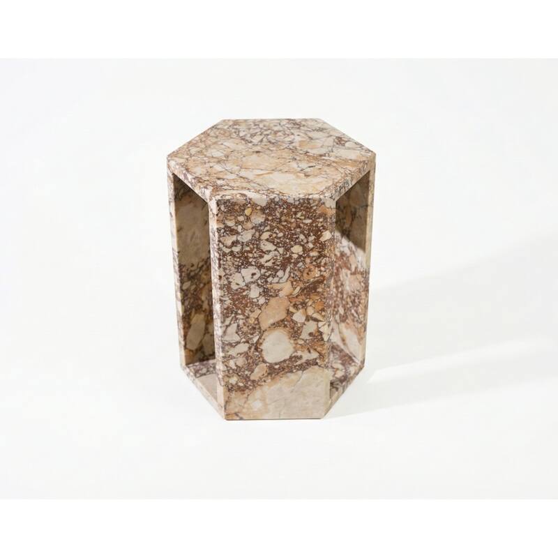 Roomfitters Luxury Natural Marble Hexagon Side Table, Solid Stone Geometric Pedestal End Table, Polished Finish