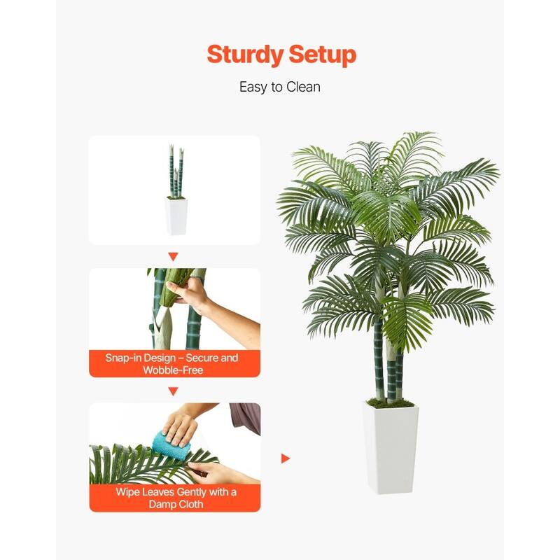 Thick-Trunk Areca Palm Artificial Tree with Green Leaves in White Planter for Home or Office Decor