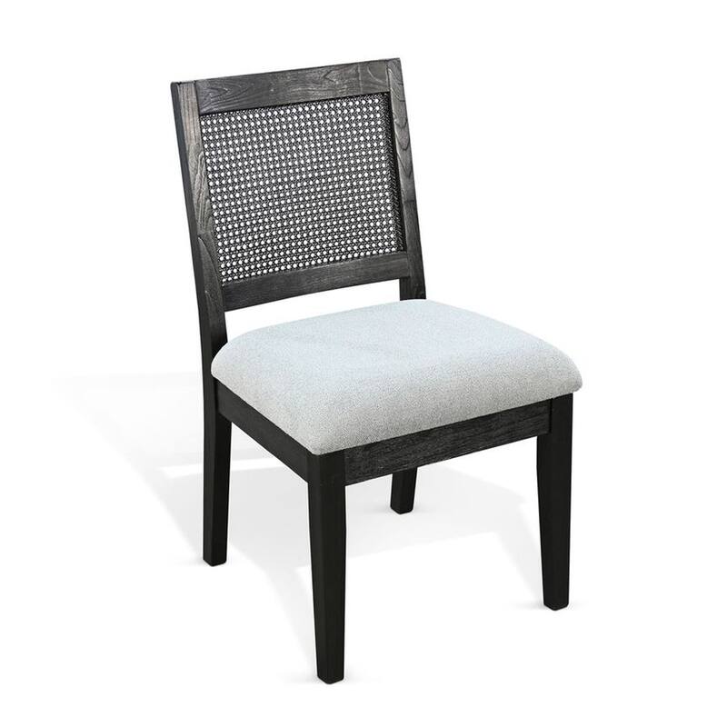 Zemi Dining Chair Set of 2, Rattan Back, Beige Seat, Black Solid Wood