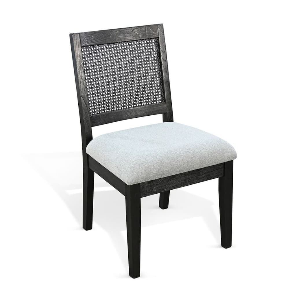 Zemi Dining Chair Set of 2, Rattan Back, Beige Seat, Black Solid Wood