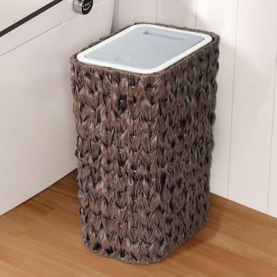 Bathroom Trash Can with Lid,2.6 Gallon Small Garbage Can with Rattan Basket, Slim Wicker Wastebasket Trash Can Press Top Lid