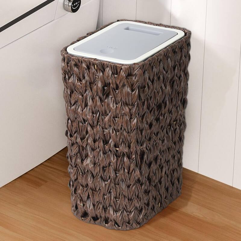 Small Bathroom Trash Can with Lid 2.6 Gallon Rattan Basket Slim Wicker Press Top for Bathroom Kitchen Office Brown - Brown