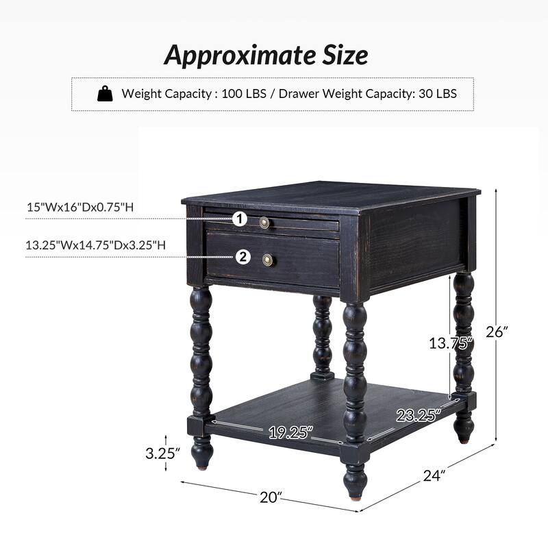 Eric Traditional 26" Tall Solid Wood End Table with USB by HULALA HOME