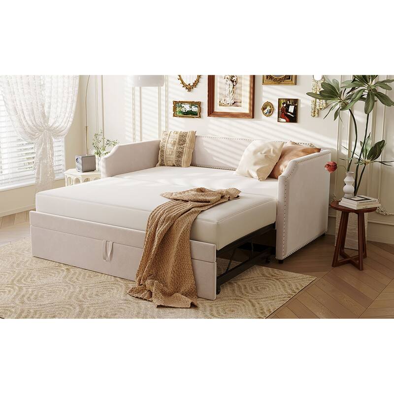 Roomfitters Twin Size Velvet Upholstered Daybed with Pop Up Trundle, Space Saving Sofa Bed Frame with Slats