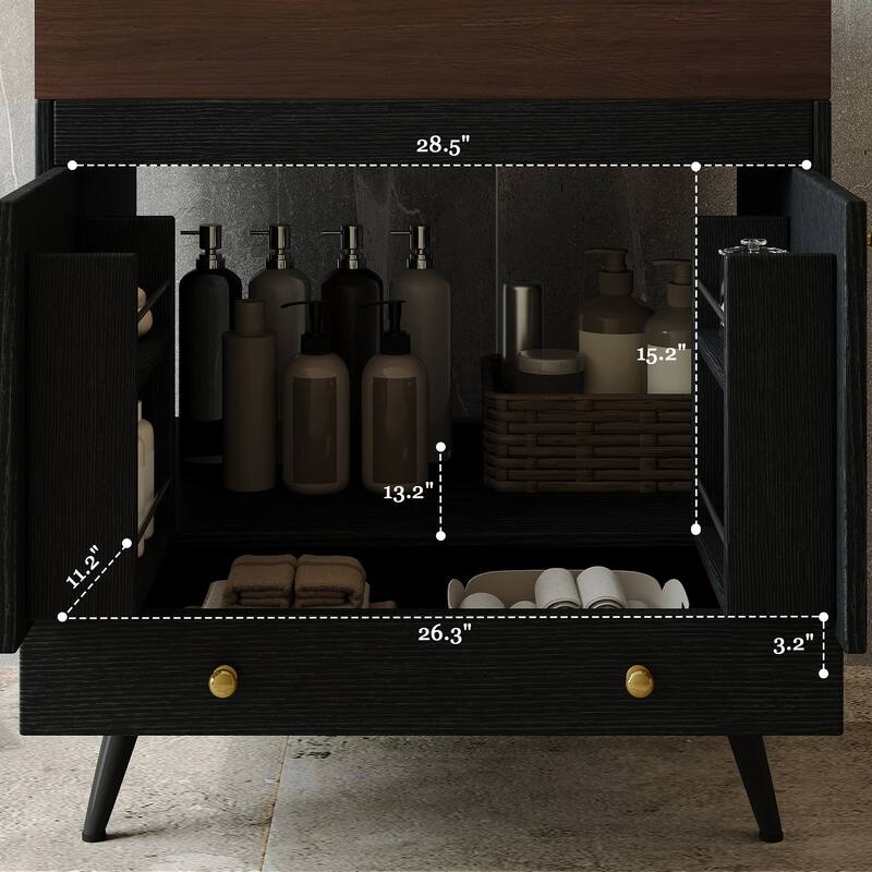 Free-standing Bathroom Vanity with Faux Marble Top & Ceramic Sink, 30" Double Door Storage Cabinet, Waterproof Engineered Wood