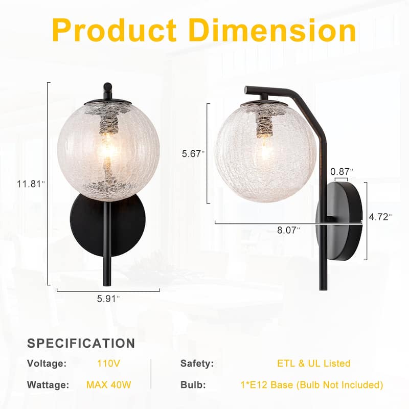 Modern Matte Black Metal Wall Sconce Round Clear Cracked Glass Shade