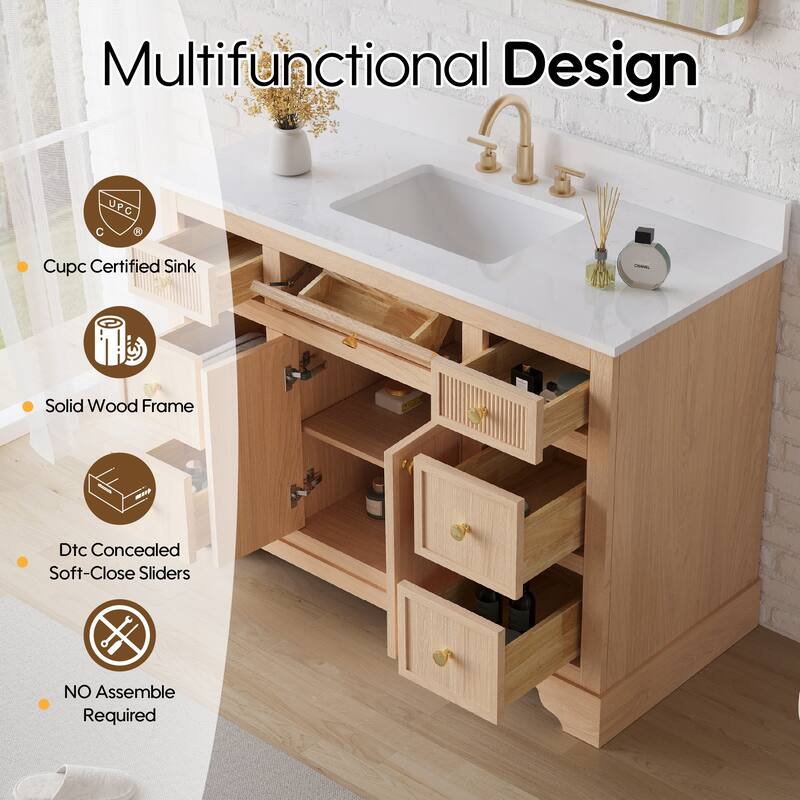 35''H Bath Solid Wood Vanity with Stain-resistant Carrera White Quartz Top And Single Sink