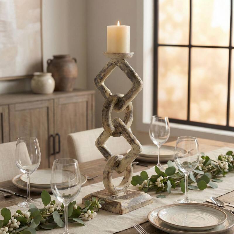 Wood Chain Link Candle Holder - Hand Carved Rustic Whitewashed Candle Stand, Decorative Accent