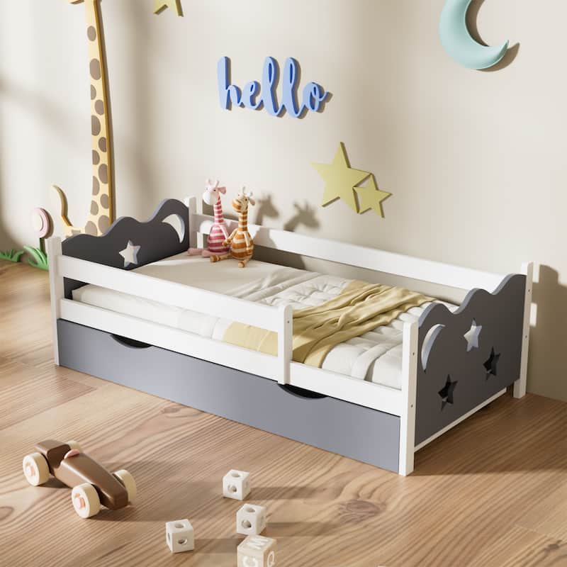 Kid's Bed Frame with star and moon decoration, Wood and bamboo Frames for Toddler Girls Boys, 8 Slats Support