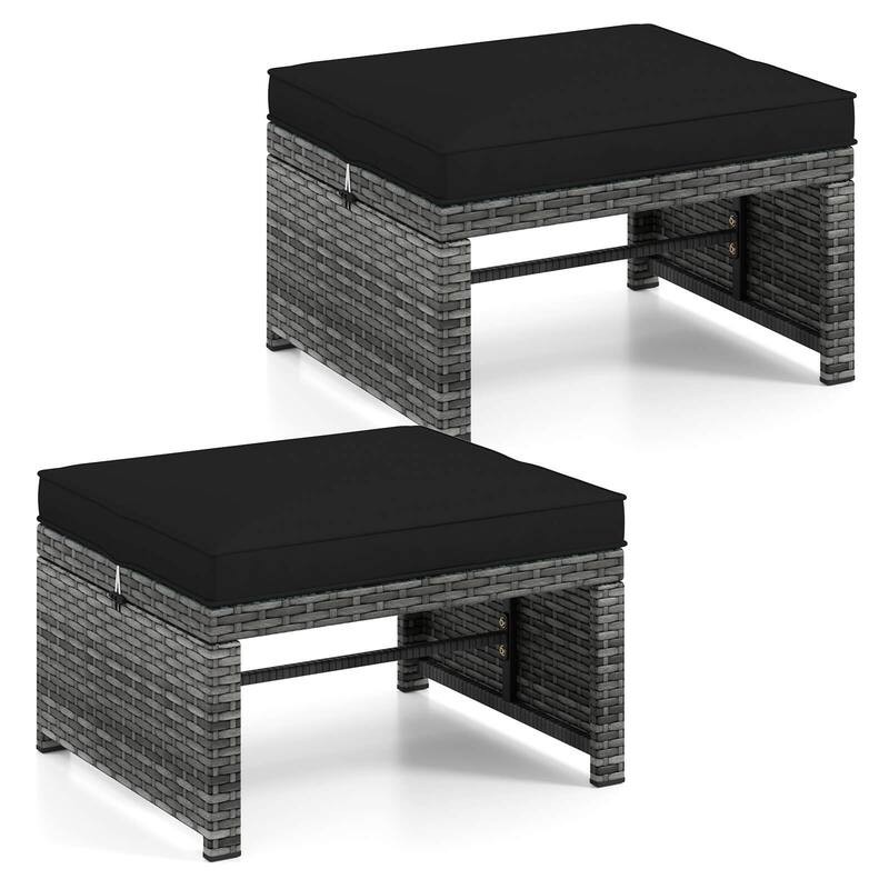 Costway Patio Ottomans Set of 2 PE Rattan Footstools with Removable - See Details - Black