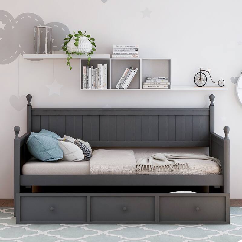 Modern Twin Size Daybed with 3 Drawers Sturdy Pine Wood Frame, Hidden