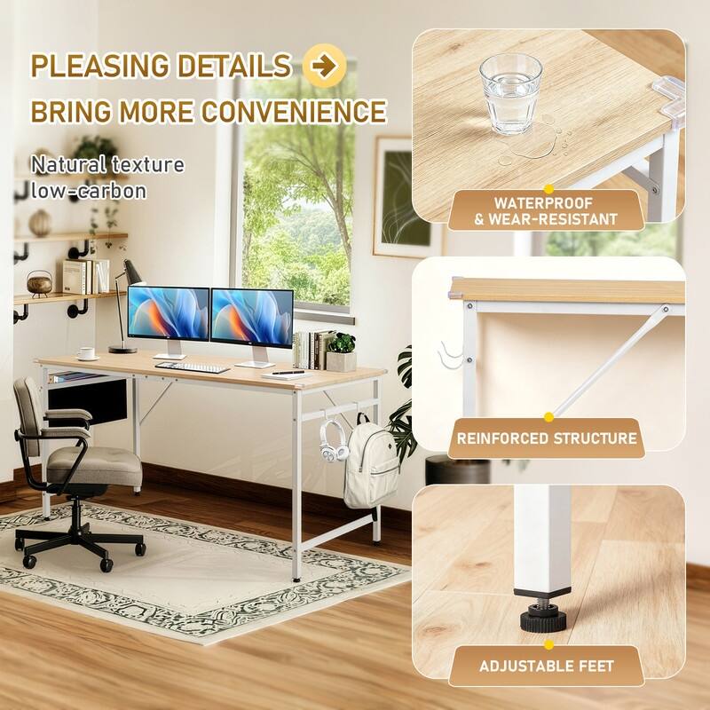 63” Computer Desk for Home Office ,Study Writing Desk with Storage, Side Hooks & Adjustable Feet