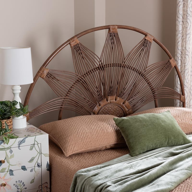 Jasmine Natural Rattan Headboard with Sunburst Design - Boho Coastal Style Standalone Headboard