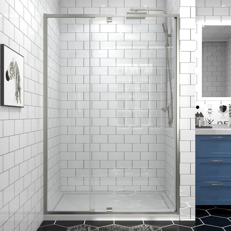 Modland 44-48''W x 71''H Pivot Frame Sliding Shower Door with 1/4"(6mm) Clear SGCC Tempered Glass in Black/Chrome/Nickel