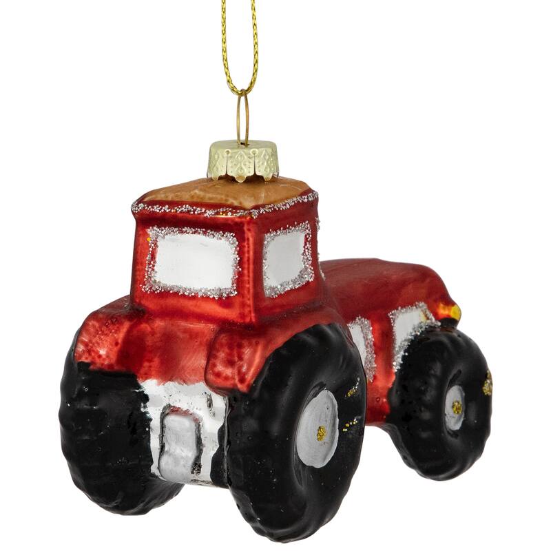 Tractor Glass Christmas Ornament - 3.5" - Red and Gold - 2.75"