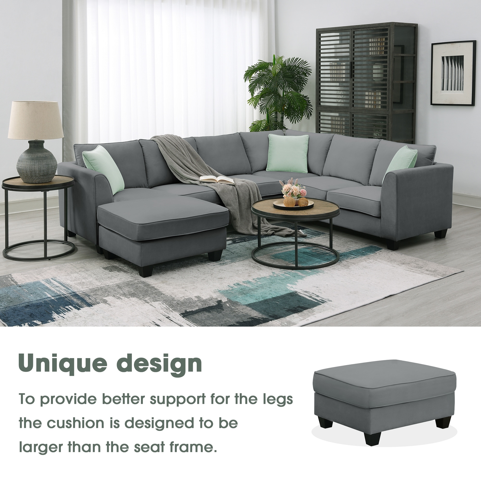 L Shape Upholstered Modular Sectional Sofa with Ottoman and Pillow