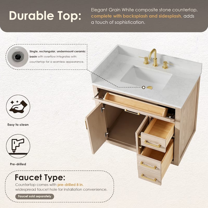 Altair Gavino Bath Vanity with Grain White Composite Stone Top, no Mirror