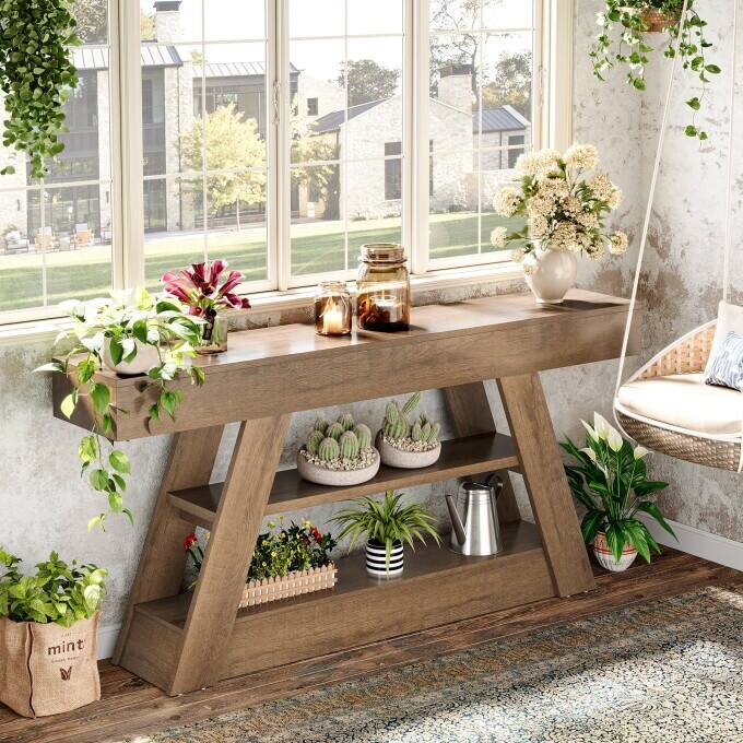 63-Inch Console Table, Wooden Entryway Table with Storage Shelves