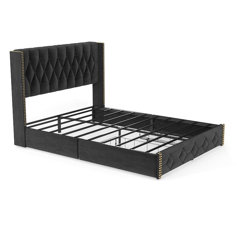 Wingback Bed Velvet Upholstered Platform Bed Frame with 2 Storage Drawers and Headboard, Charging Station, Noise-Free, Black - Black - Full