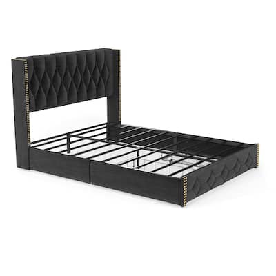 Wingback Bed Velvet Upholstered Platform Bed Frame with 2 Storage Drawers and Headboard, Charging Station, Noise-Free, Black