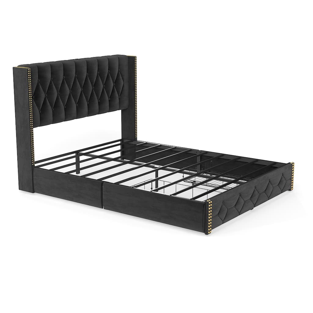 Wingback Bed Velvet Upholstered Platform Bed Frame with 2 Storage Drawers and Headboard, Charging Station, Noise-Free, Black