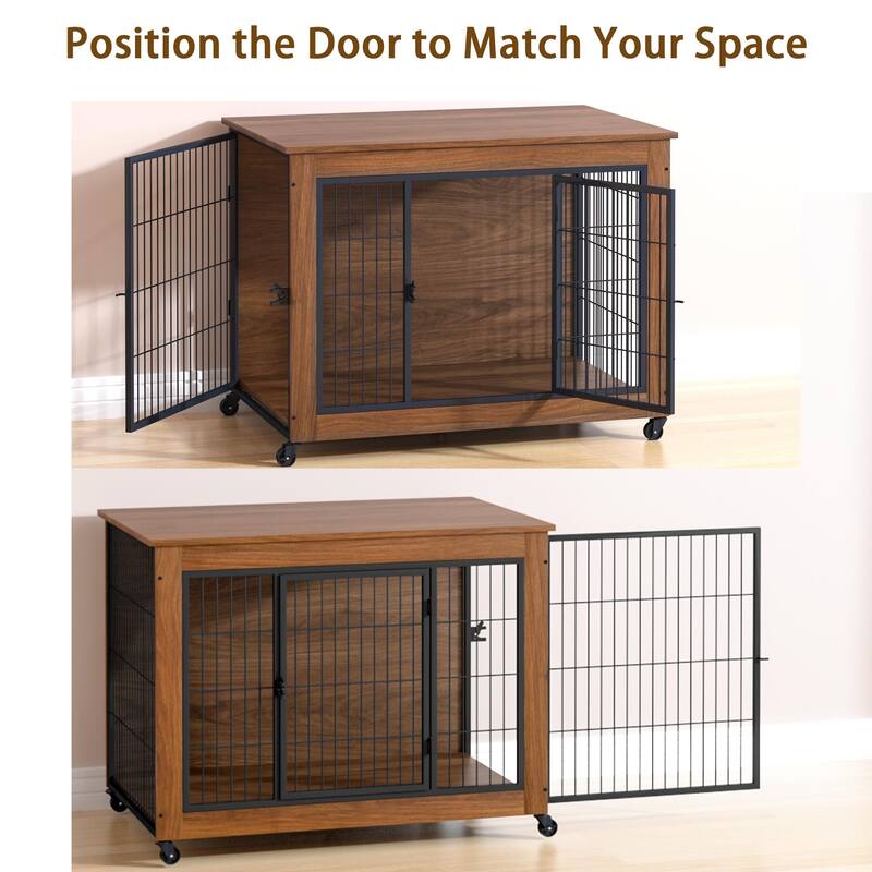 38.6" Dog Crate Furniture with Wheels for Small Dogs, Heavy Duty Dog Kennel Indoor with 2 Doors, Wooden Pet Cage End Table