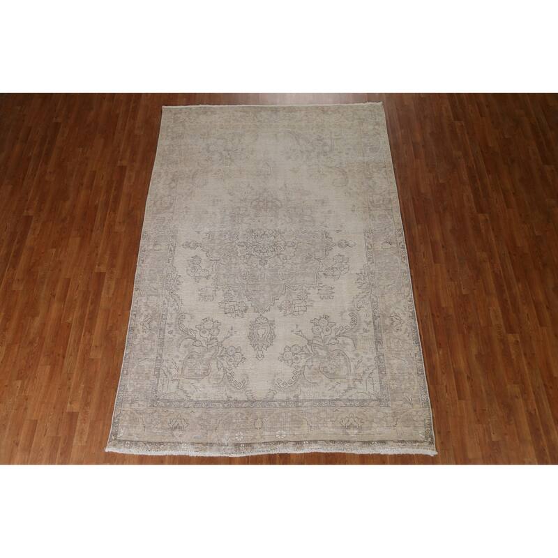 Hand Knotted Oriental 100% Wool Carpet Traditional Floral Beige & Ivories Tabriz Area Rug - 9' 7'' X 6' 7''