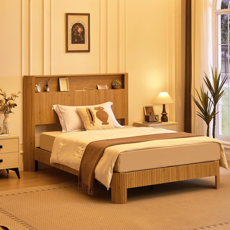 Wooden Bed Frame with Metal Slat, Noise Free, Modern Low Profile Platform Bed with Storage Headboard and Charging Station