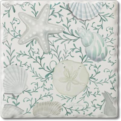 Absorbent Stone Tumbled Tile Coasters, Beach Therapy Shells, Set of 4