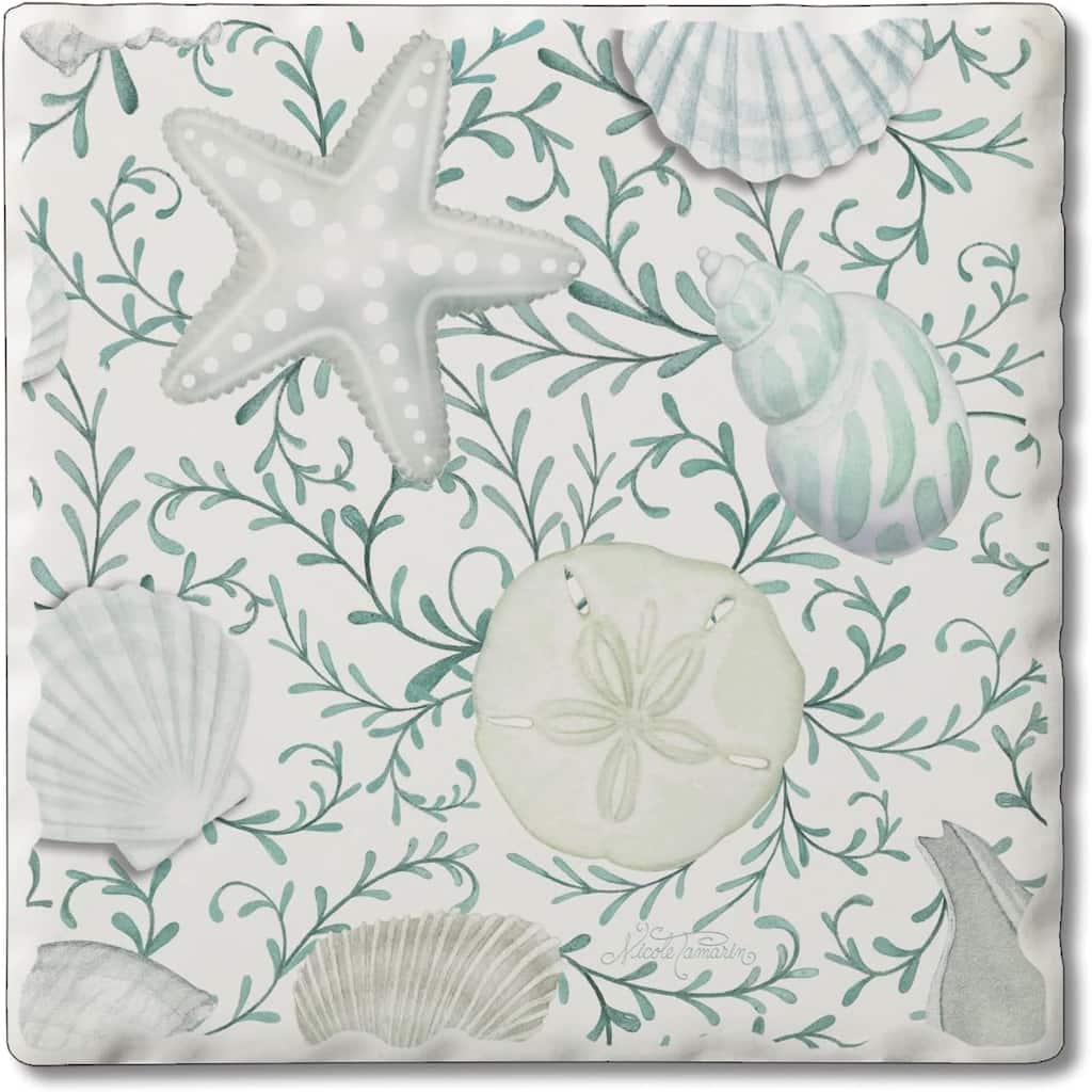 Absorbent Stone Tumbled Tile Coasters, Beach Therapy Shells, Set of 4