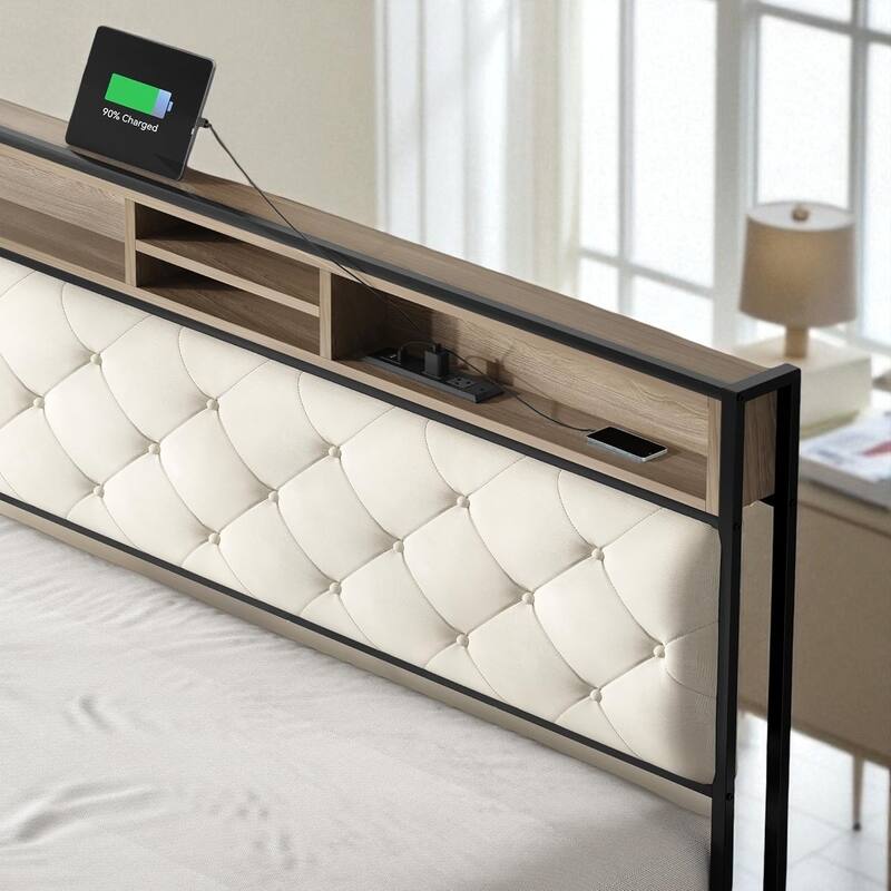 Queen/King Size Platform Bed Frame with Charging Station, Upholstered Storage Headboard & Metal Slats